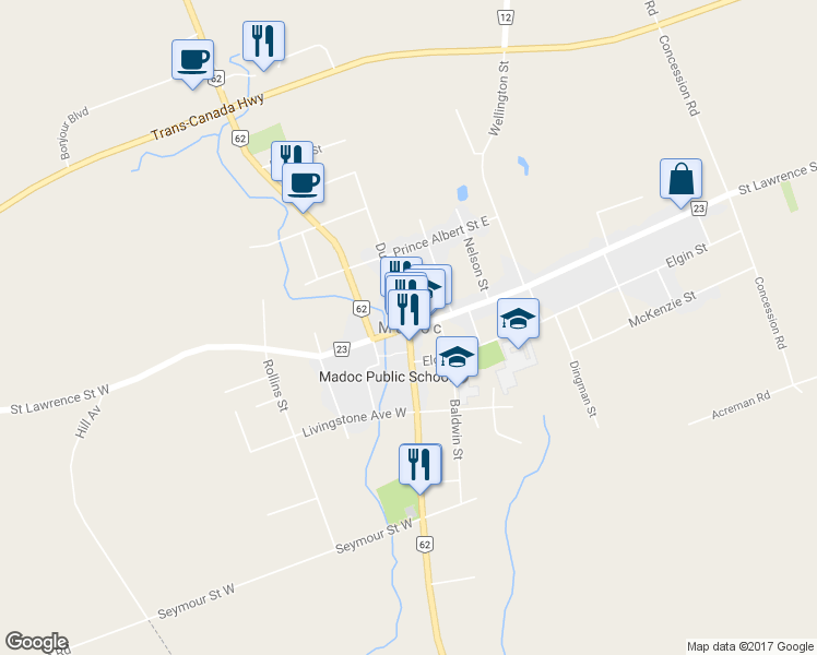 map of restaurants, bars, coffee shops, grocery stores, and more near 0 Saint Lawrence Street East in Madoc