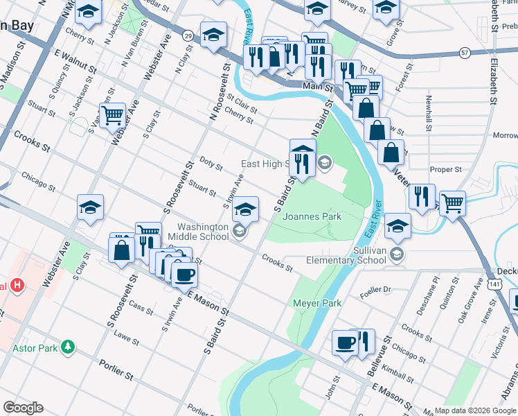 map of restaurants, bars, coffee shops, grocery stores, and more near 1349 Stuart Street in Green Bay
