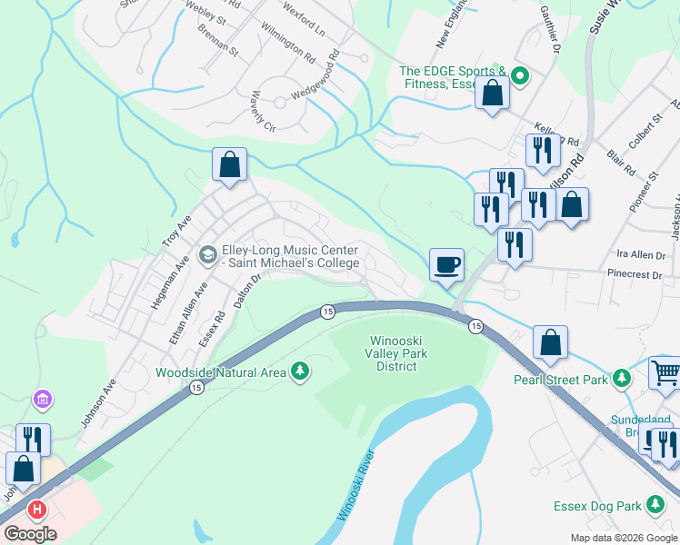 map of restaurants, bars, coffee shops, grocery stores, and more near 21 Essex Road in Essex