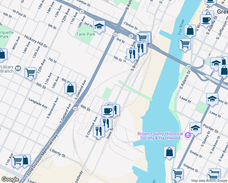 map of restaurants, bars, coffee shops, grocery stores, and more near 1119 South Chestnut Avenue in Green Bay