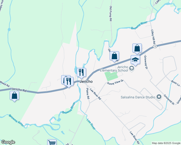 map of restaurants, bars, coffee shops, grocery stores, and more near 57 Vermont 15 in Jericho