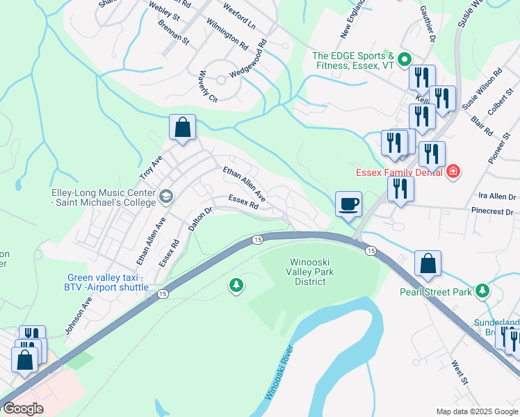 map of restaurants, bars, coffee shops, grocery stores, and more near 41 Essex Road in Essex