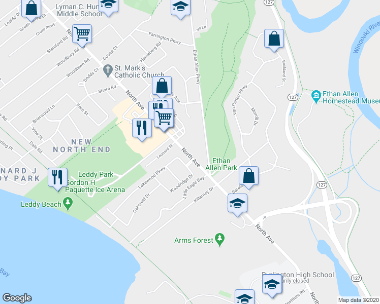 map of restaurants, bars, coffee shops, grocery stores, and more near 1054 North Avenue in Burlington