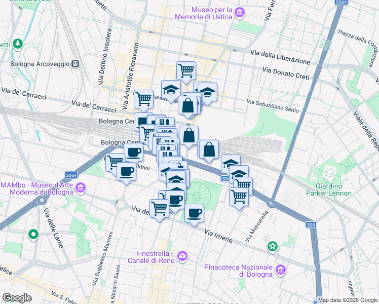 map of restaurants, bars, coffee shops, grocery stores, and more near 3/A Via Giacomo Matteotti in Bologna