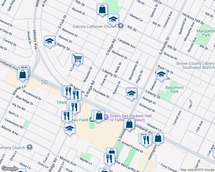 map of restaurants, bars, coffee shops, grocery stores, and more near 1267 Kenwood Street in Green Bay
