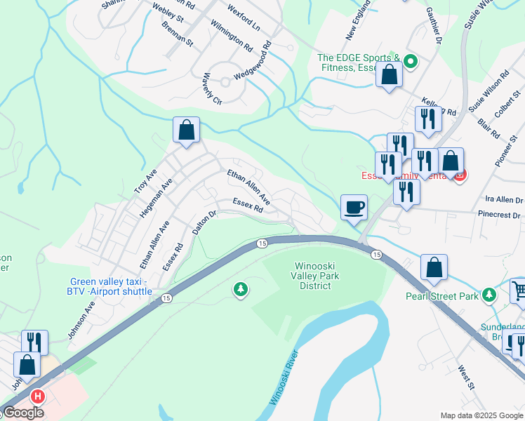 map of restaurants, bars, coffee shops, grocery stores, and more near 49 Essex Road in Essex