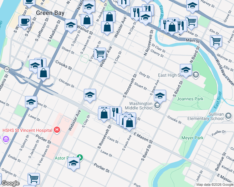 map of restaurants, bars, coffee shops, grocery stores, and more near 1156 Crooks Street in Green Bay