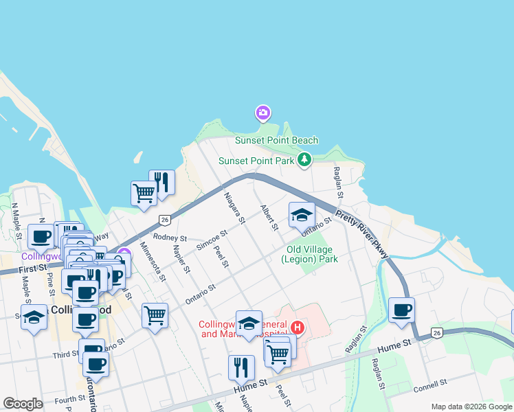 map of restaurants, bars, coffee shops, grocery stores, and more near 122 Albert Street in Collingwood