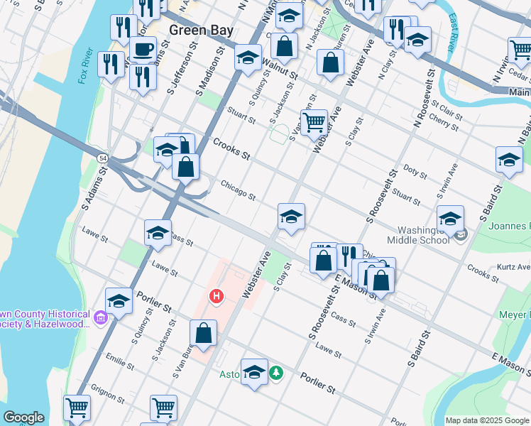 map of restaurants, bars, coffee shops, grocery stores, and more near 527 South Van Buren Street in Green Bay