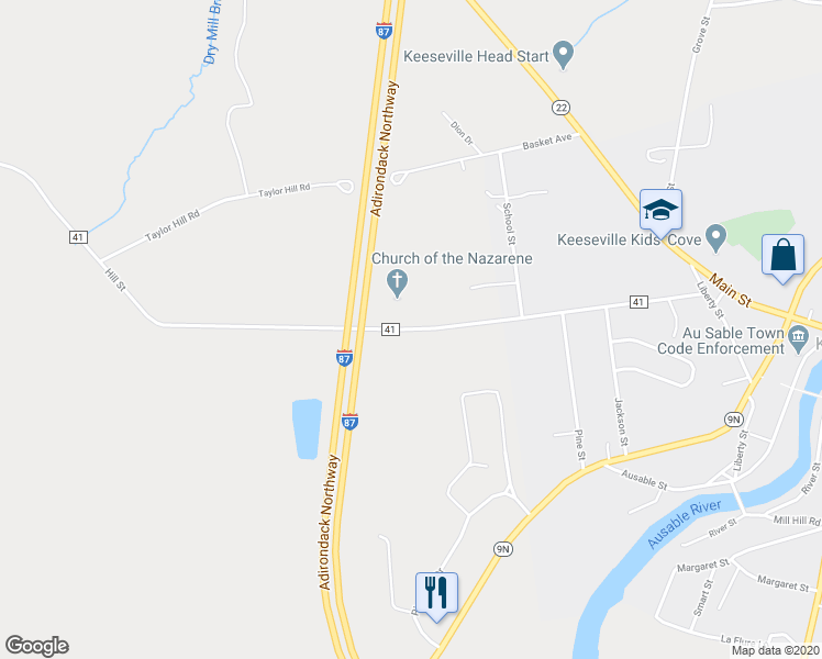map of restaurants, bars, coffee shops, grocery stores, and more near 123 Hill Street in Keeseville