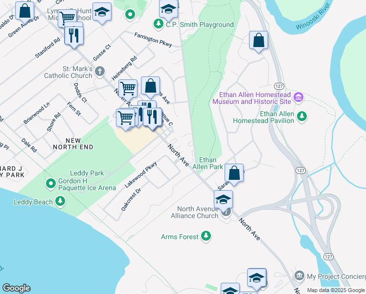 map of restaurants, bars, coffee shops, grocery stores, and more near 1048 North Avenue in Burlington