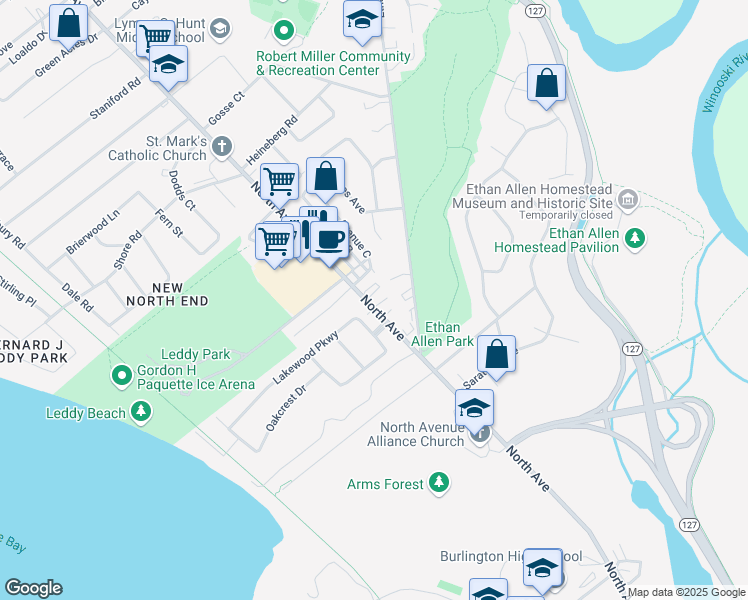 map of restaurants, bars, coffee shops, grocery stores, and more near 1054 North Avenue in Burlington