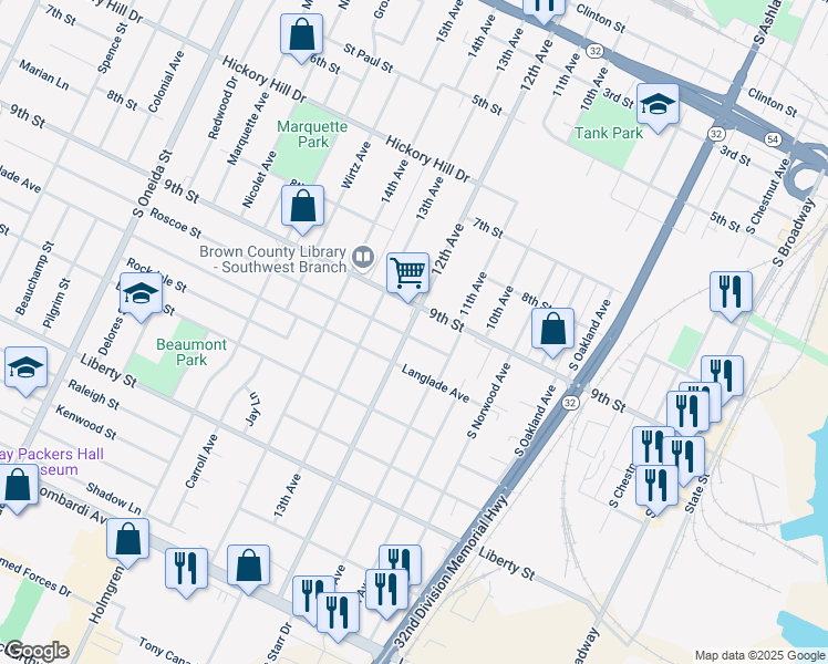 map of restaurants, bars, coffee shops, grocery stores, and more near 1315 12th Avenue in Green Bay