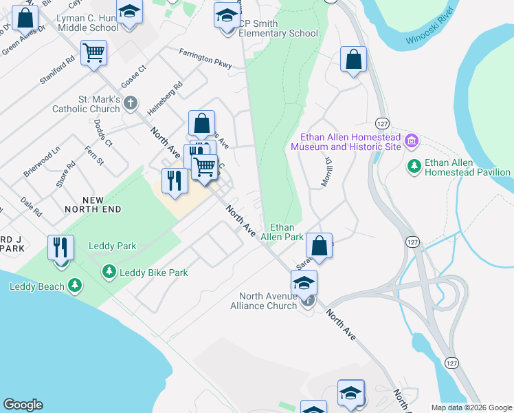 map of restaurants, bars, coffee shops, grocery stores, and more near 1024 North Avenue in Burlington