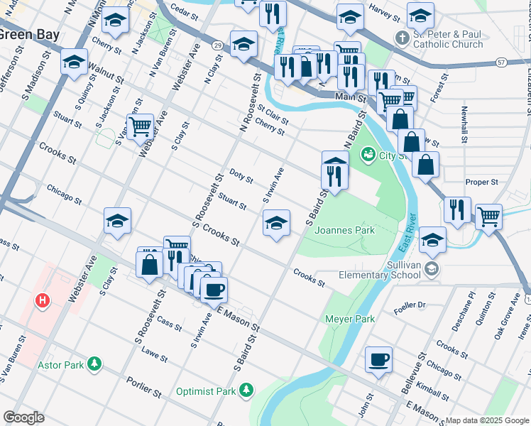 map of restaurants, bars, coffee shops, grocery stores, and more near 1316 Stuart Street in Green Bay