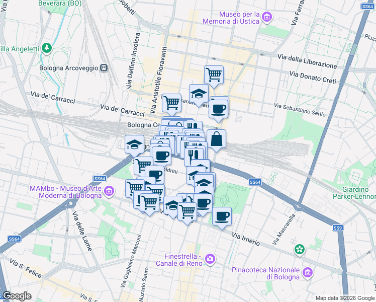 map of restaurants, bars, coffee shops, grocery stores, and more near Piazza delle Medaglie d'Oro in Bologna