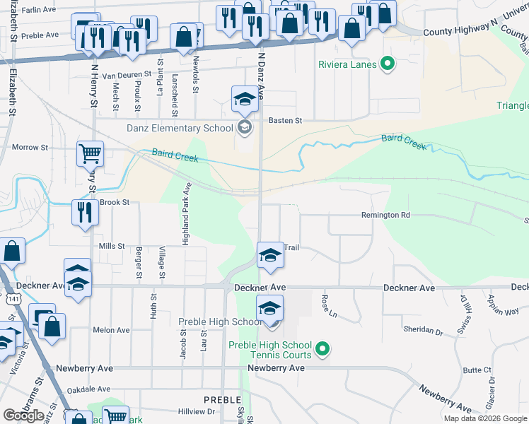 map of restaurants, bars, coffee shops, grocery stores, and more near 260 North Danz Avenue in Green Bay