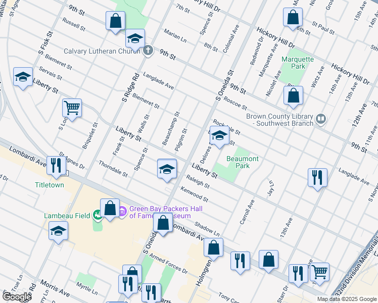map of restaurants, bars, coffee shops, grocery stores, and more near 1610 South Oneida Street in Green Bay