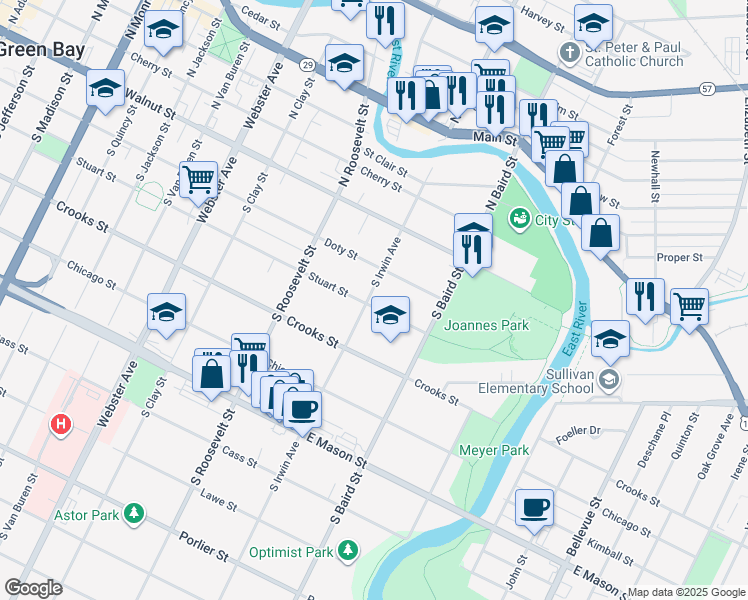 map of restaurants, bars, coffee shops, grocery stores, and more near 1316 Stuart Street in Green Bay