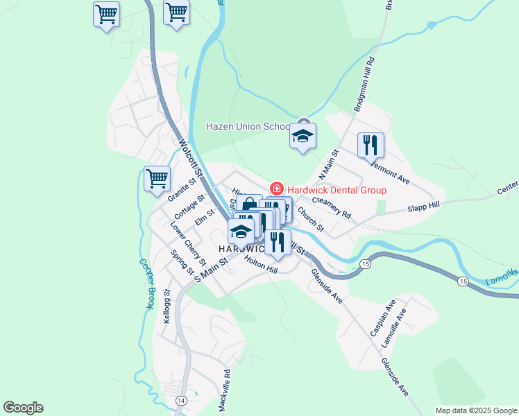 map of restaurants, bars, coffee shops, grocery stores, and more near 37 Riverside Terrace in Hardwick