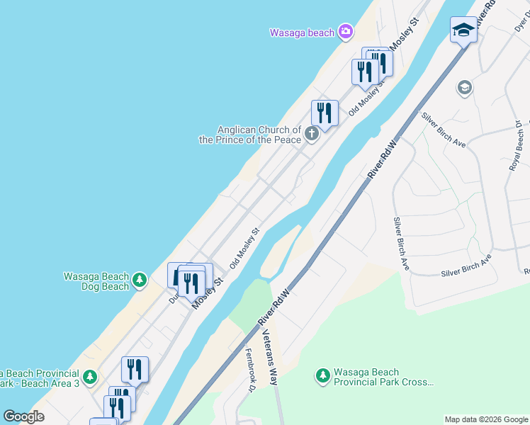map of restaurants, bars, coffee shops, grocery stores, and more near 256 Old Mosley Street in Wasaga Beach