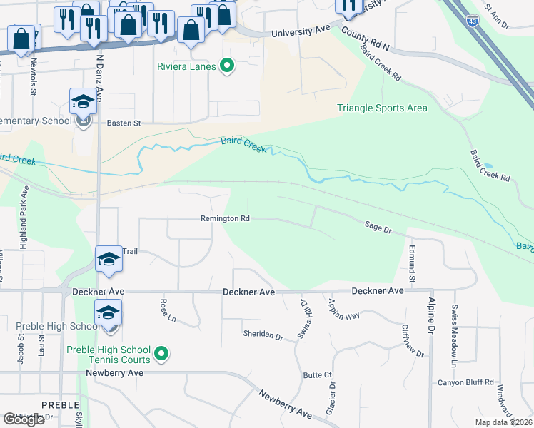 map of restaurants, bars, coffee shops, grocery stores, and more near 2518 Remington Road in Green Bay