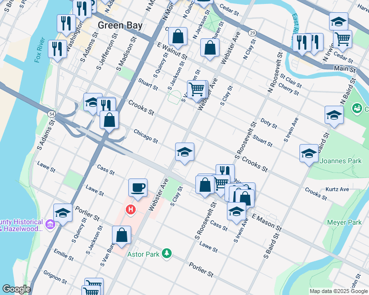 map of restaurants, bars, coffee shops, grocery stores, and more near 501 South Webster Avenue in Green Bay