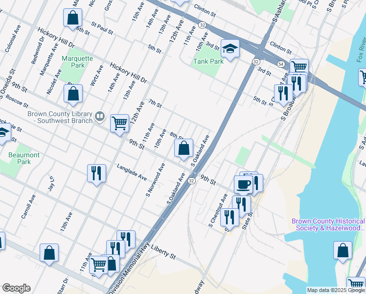 map of restaurants, bars, coffee shops, grocery stores, and more near 812 9th Street in Green Bay