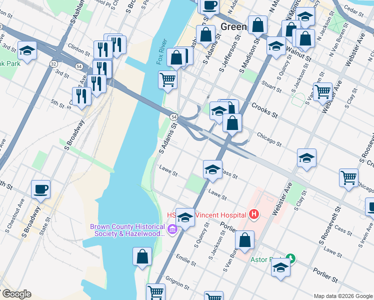 map of restaurants, bars, coffee shops, grocery stores, and more near 624 South Jefferson Street in Green Bay