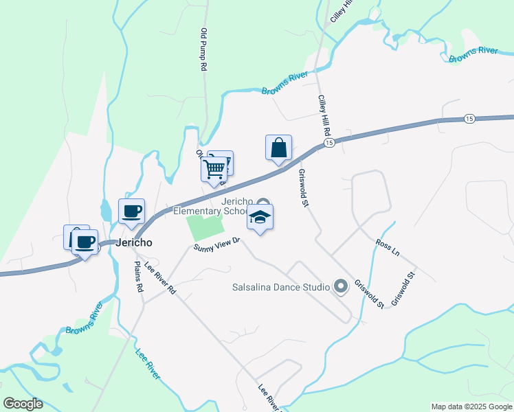 map of restaurants, bars, coffee shops, grocery stores, and more near 90 Vermont 15 in Jericho
