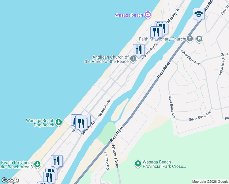 map of restaurants, bars, coffee shops, grocery stores, and more near 254 Old Mosley Street in Wasaga Beach