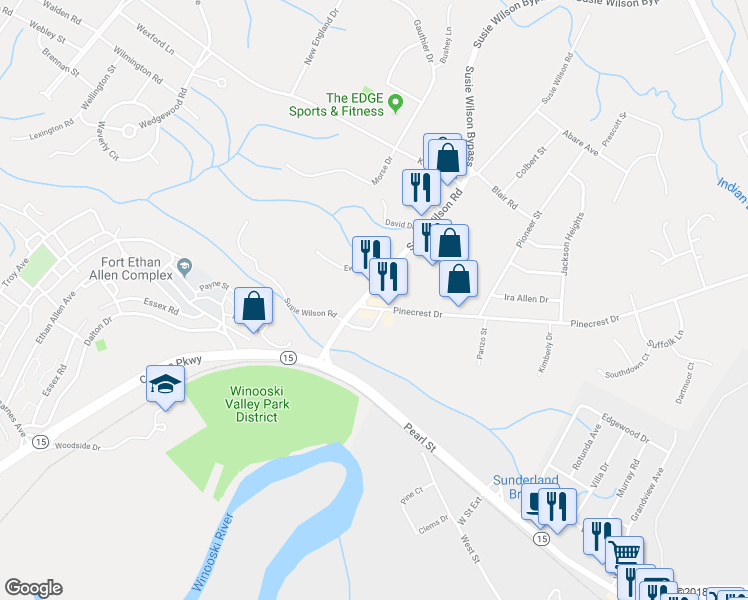 map of restaurants, bars, coffee shops, grocery stores, and more near 2 Pinecrest Drive in Essex