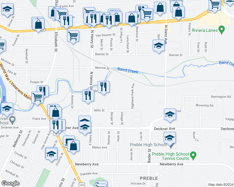map of restaurants, bars, coffee shops, grocery stores, and more near 1900 Morrow Street in Green Bay