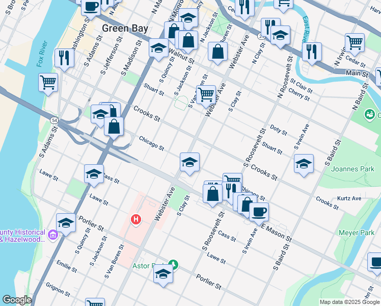 map of restaurants, bars, coffee shops, grocery stores, and more near 410 South Webster Avenue in Green Bay