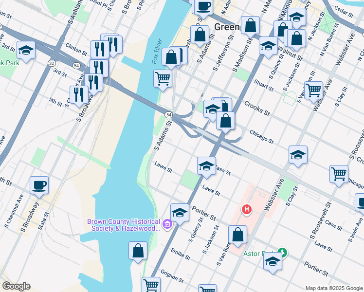 map of restaurants, bars, coffee shops, grocery stores, and more near 624 South Jefferson Street in Green Bay