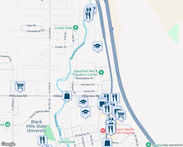 map of restaurants, bars, coffee shops, grocery stores, and more near 2301 North 5th Street in Spearfish