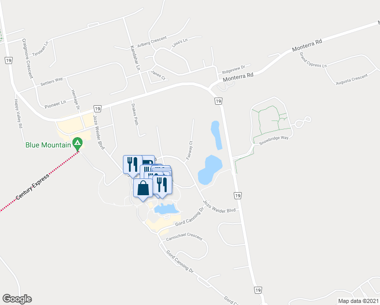map of restaurants, bars, coffee shops, grocery stores, and more near Fairway Court in Blue Mountains