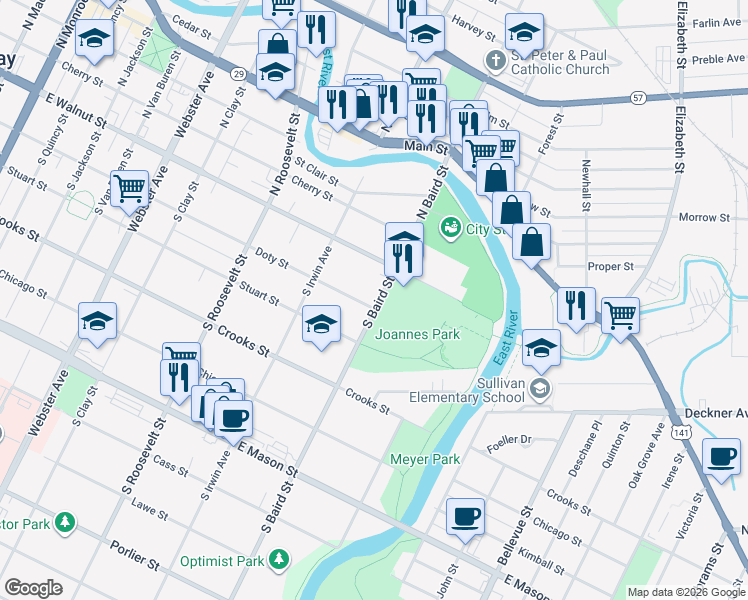 map of restaurants, bars, coffee shops, grocery stores, and more near 124S South Baird Street in Green Bay