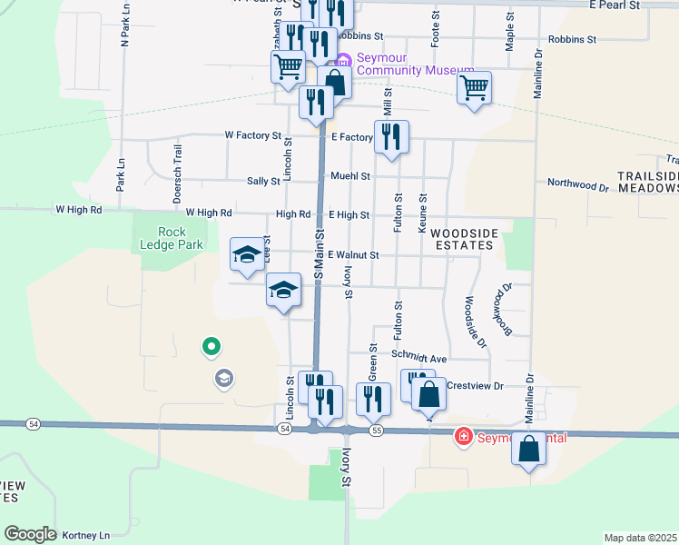 map of restaurants, bars, coffee shops, grocery stores, and more near 212 East Walnut Street in Seymour