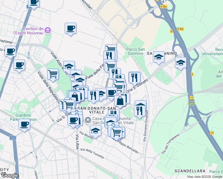 map of restaurants, bars, coffee shops, grocery stores, and more near 20 Via Corrado Masetti in Bologna