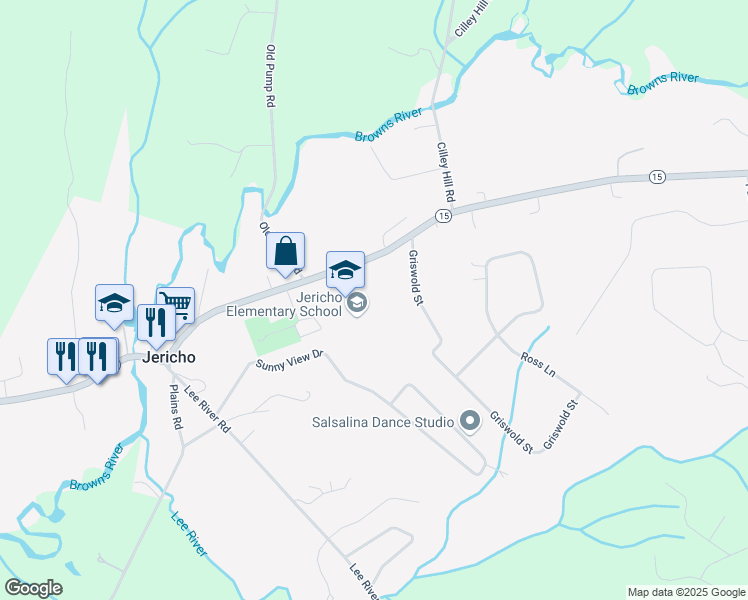 map of restaurants, bars, coffee shops, grocery stores, and more near 90 Vermont 15 in Jericho