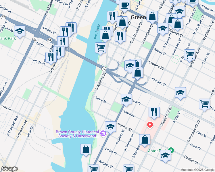 map of restaurants, bars, coffee shops, grocery stores, and more near 333 Cass Street in Green Bay