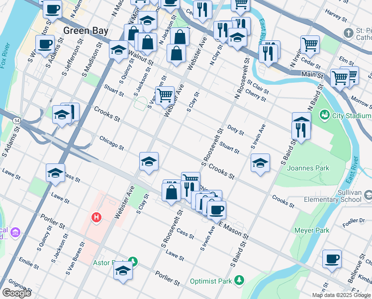 map of restaurants, bars, coffee shops, grocery stores, and more near 1131 Crooks Street in Green Bay