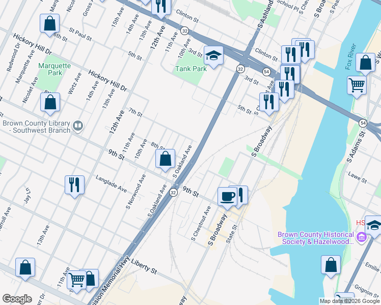 map of restaurants, bars, coffee shops, grocery stores, and more near 1131 South Oakland Avenue in Green Bay