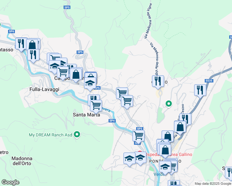 map of restaurants, bars, coffee shops, grocery stores, and more near 123 Via Campomorone in Genova