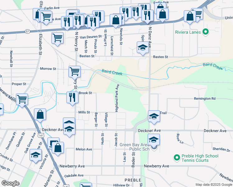 map of restaurants, bars, coffee shops, grocery stores, and more near 298 Highland Park Avenue in Green Bay