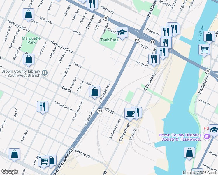 map of restaurants, bars, coffee shops, grocery stores, and more near 1131 South Oakland Avenue in Green Bay