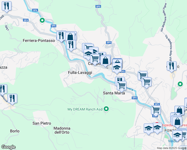 map of restaurants, bars, coffee shops, grocery stores, and more near 103r Via Martiri della Libertà in Campomorone