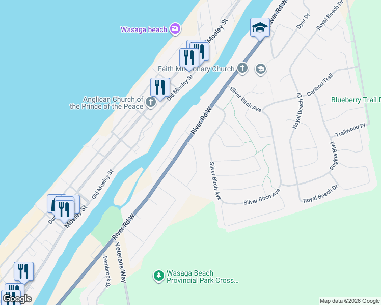 map of restaurants, bars, coffee shops, grocery stores, and more near 24 Indianola Crescent in Wasaga Beach