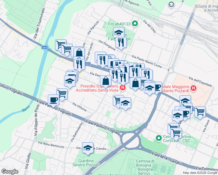 map of restaurants, bars, coffee shops, grocery stores, and more near 15 Via Battindarno in Bologna